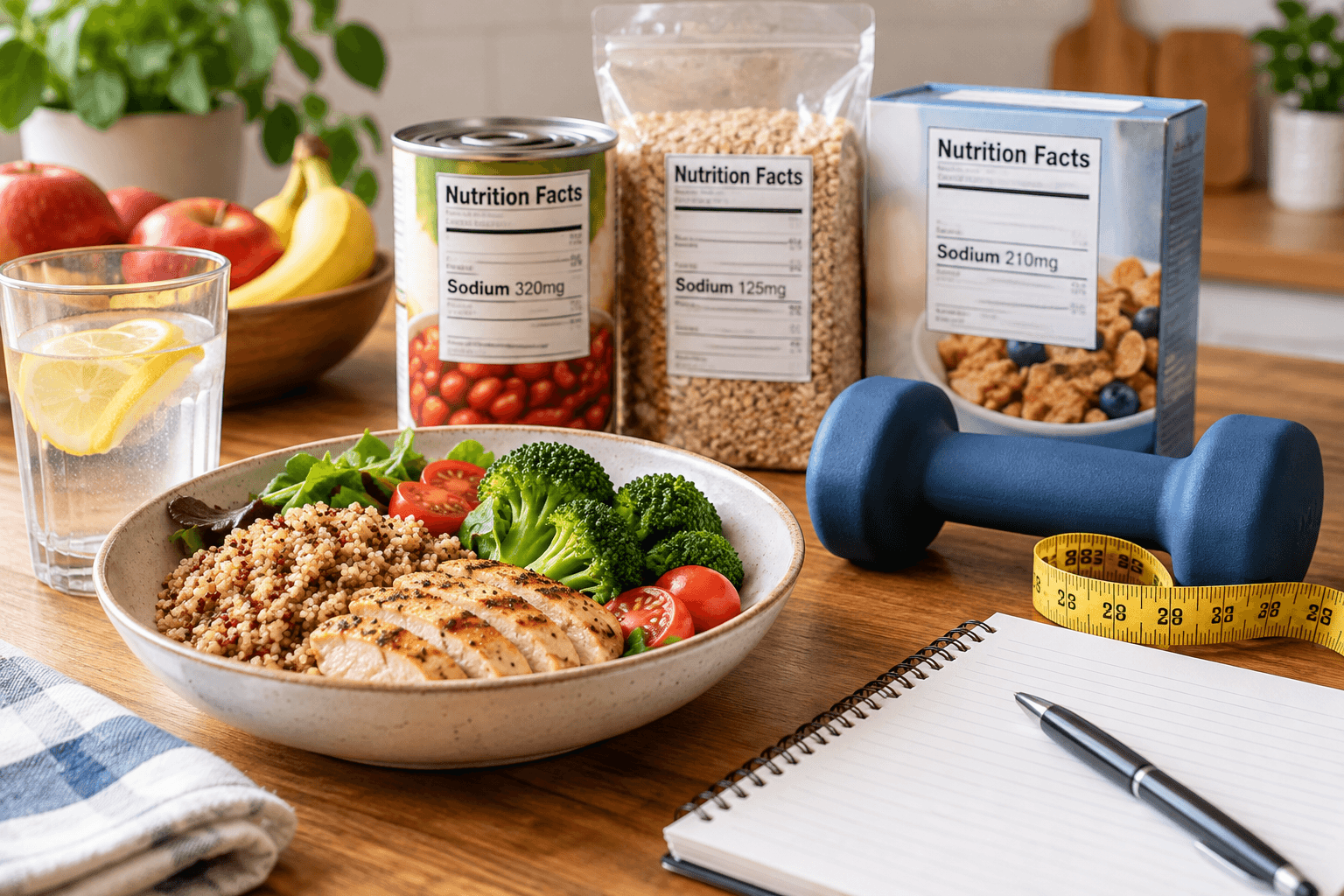 Packaged foods displaying sodium amounts on nutrition labels beside a bowl of chicken, grains, and vegetables, with a notebook, dumbbell, and measuring tape on a wooden table.