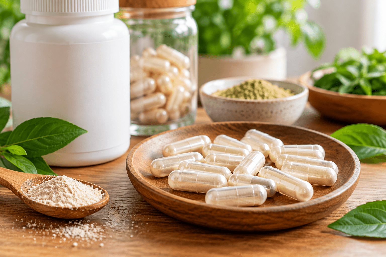 Clear capsules filled with beige powder on a wooden plate beside a white supplement bottle, glass jar of capsules, powdered ingredients, and green leaves.