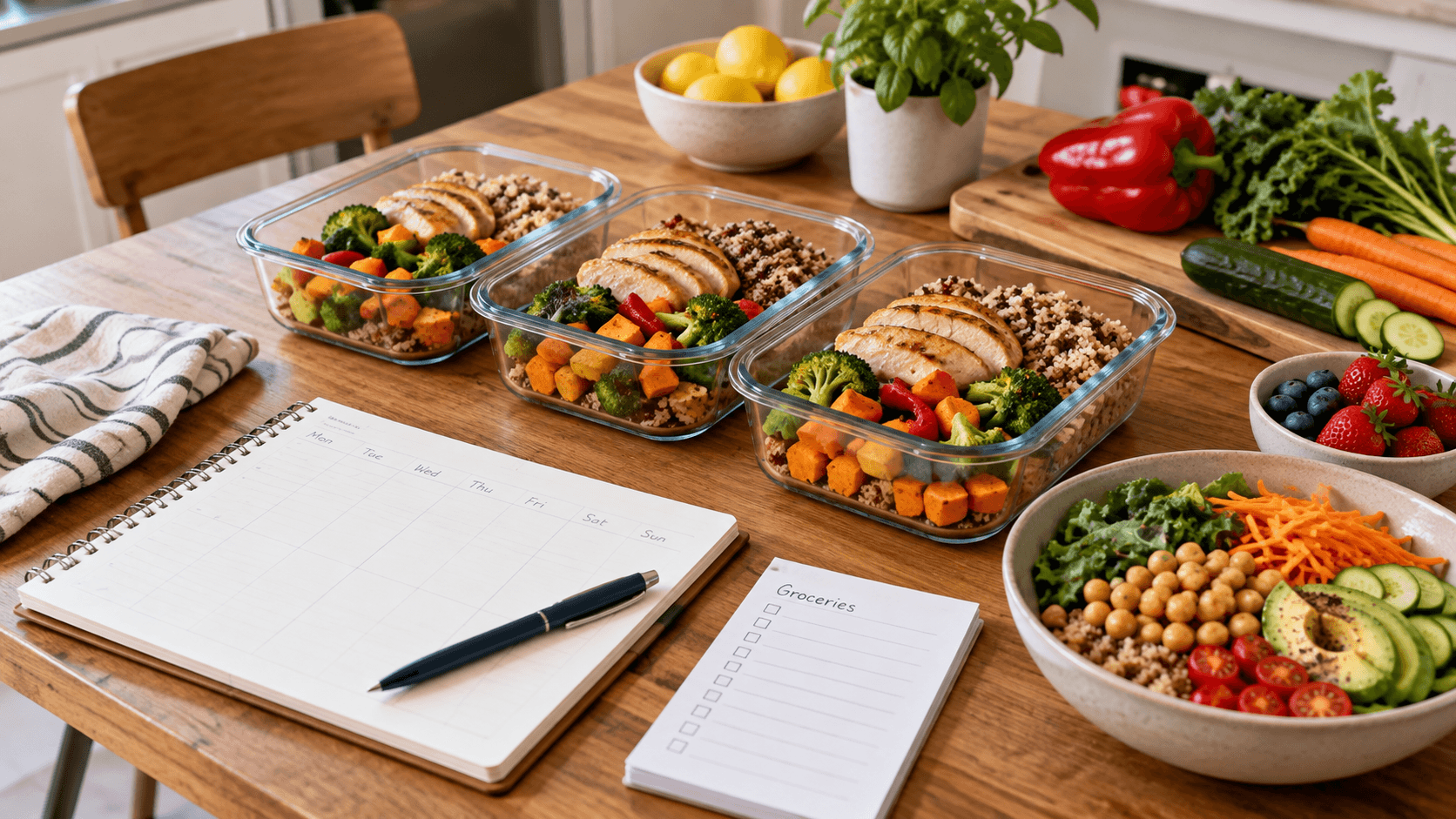 Three glass meal prep containers with chicken, grains, and vegetables beside a weekly meal planner, grocery list, and fresh salad on a kitchen table.